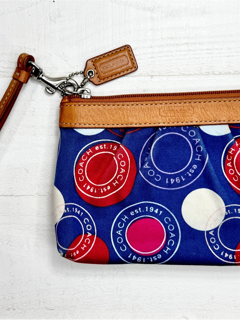 Coach Legacy Dot Print Wristlet Pouch Blue Red White Canvas Leather Trim